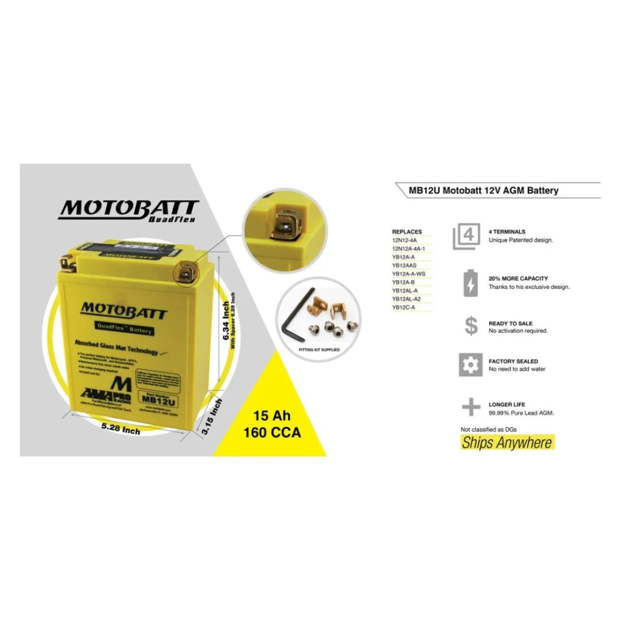 Batteria Potenziata Agm Motobatt 15 Ah Mb12u