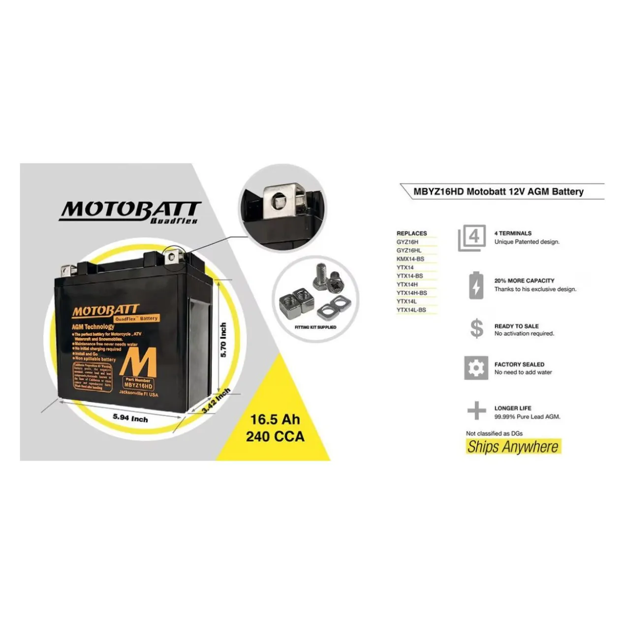 Batteria Potenziata Agm Motobatt 16,5 Ah Mbyz16hd