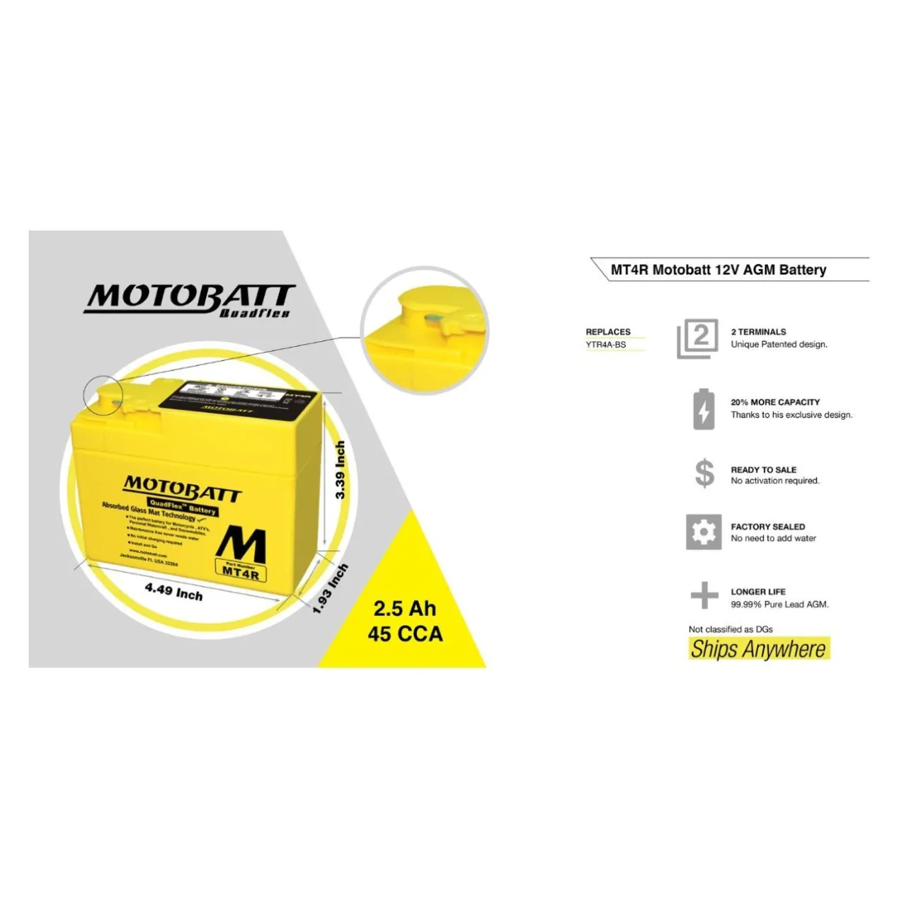 Batteria Potenziata Agm Motobatt 2,5 Ah Mtr4